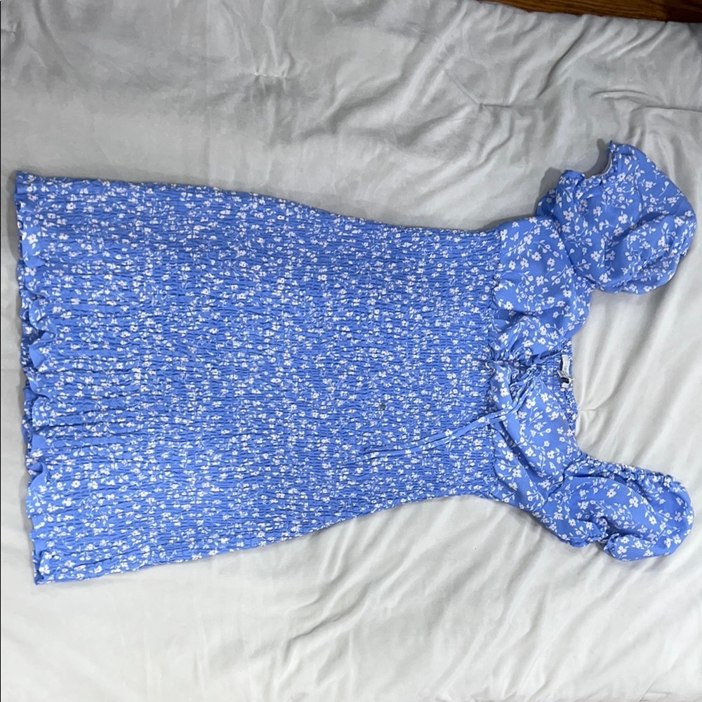 Blue Floral Dress with Ruffle Sleeves